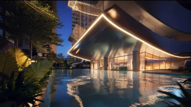 One by MSN Apartment swimming pool night view by MSN Realty located at Neopolis, Kokapet, Hyderabad Telangana